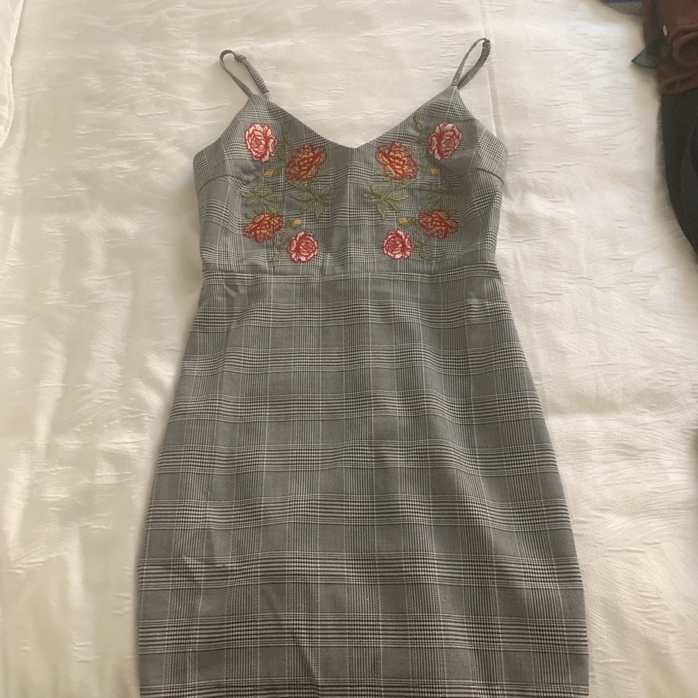Plaid Flower Embroidered Mini Dress by De Lany